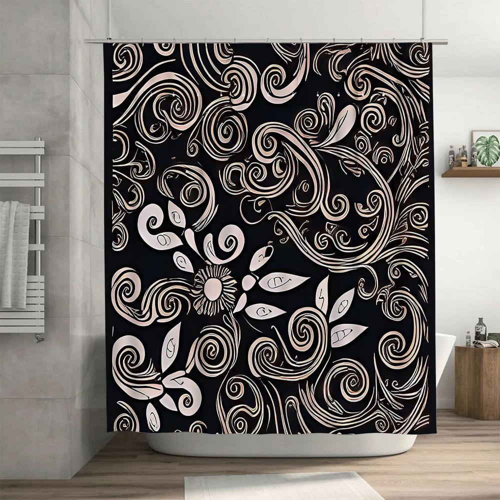 Luxury White Black Floral Print Shower Curtain Set Bathroom Decor Waterproof Hanging Rod Kits for Home Use Modern Design Shabby