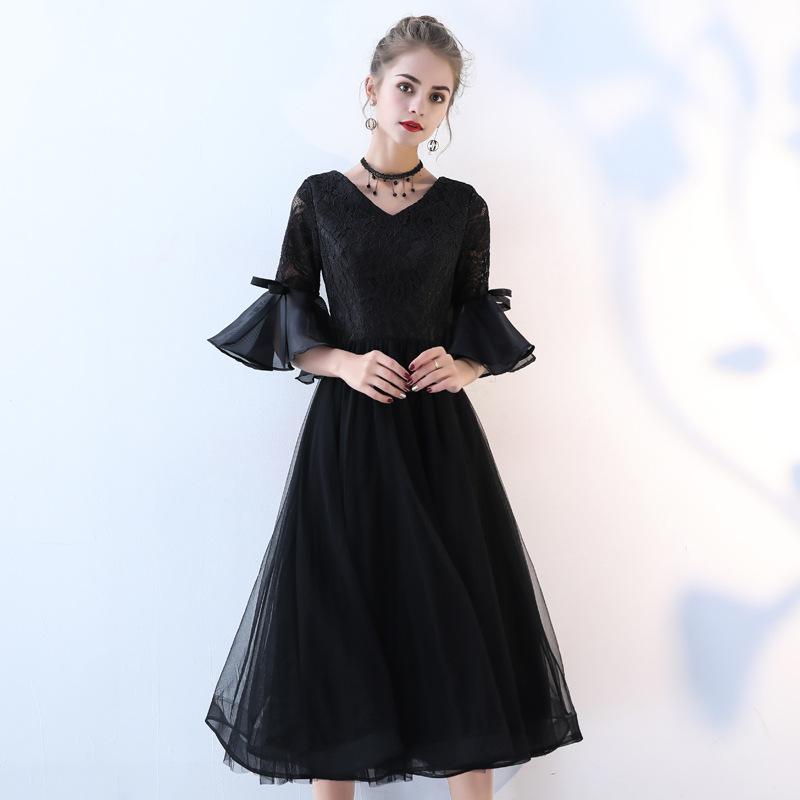

Black evening dress new horn sleeves medium and long annual meeting elegant host dress dress XS чёрный