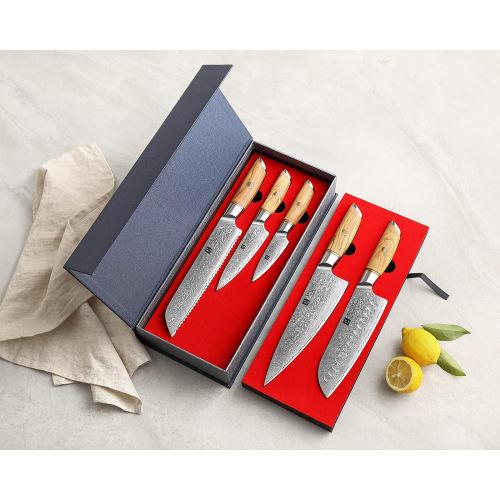 XINZUO 73-Layer Damascus Steel 5-Piece Chef Knife Set, Hand-Forged Sharp Kitchen Knife Set with Powdered Steel Core, Chef Santoku Bread Utility Paring