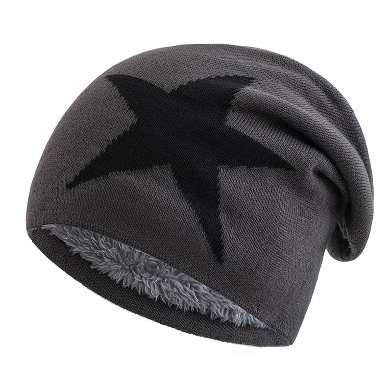 New Unisex Slouchy Winter Hats Five Star Pattern Warm Hats For Men Women Plush Fur Lined Fashion Ski Beanie Cap