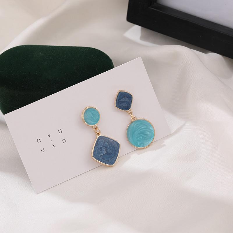 New Asymmetrical Enamel Dangle Earrings for Women Korean Blue Round Pendants Geometric Drop Earrings Boucle Oreille Femme