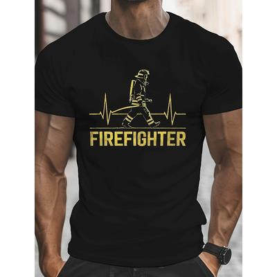 Distressed Firefighter Walking Silhouette + ECG Line Art + "FIREFIGHTER" Slogan Print Short Sleeve T-Shirt for Men, Slim Fit Crew Neck Breathable Top