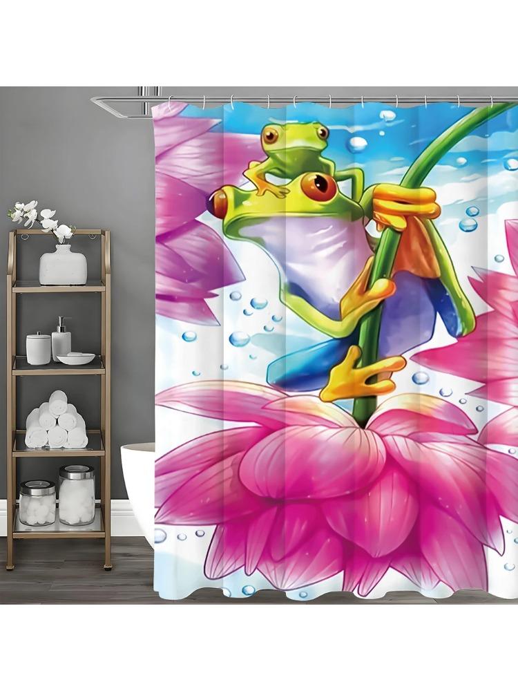 

Frog Lotus Shower Curtain, Bathroom Decorative Shower Curtain, Waterproof Shower Curtain With Hooks W60H190(CM)-1 Pcs