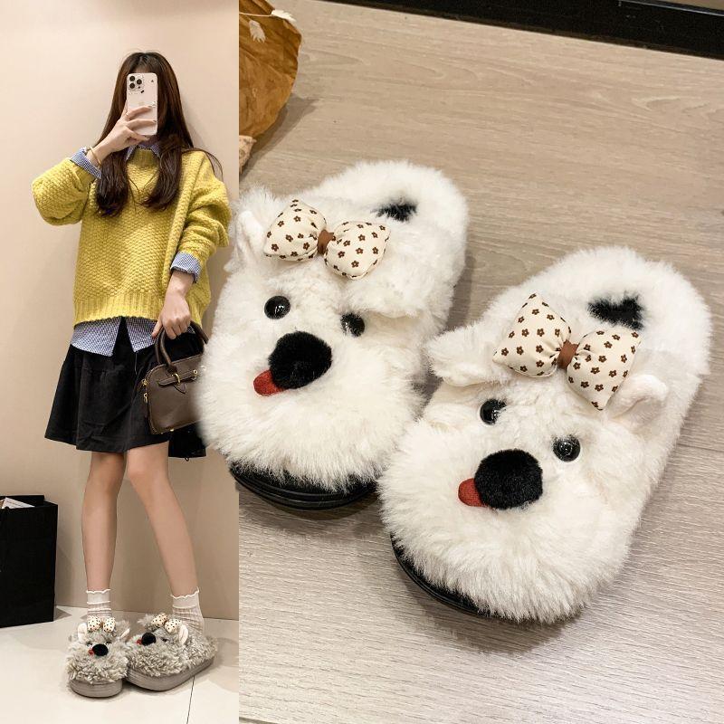 Wear Home Half Slippers Cotton Shoes Cute Cartoon Bow Puppy Fluffy Slippers Female 2025 Autumn and Winter New