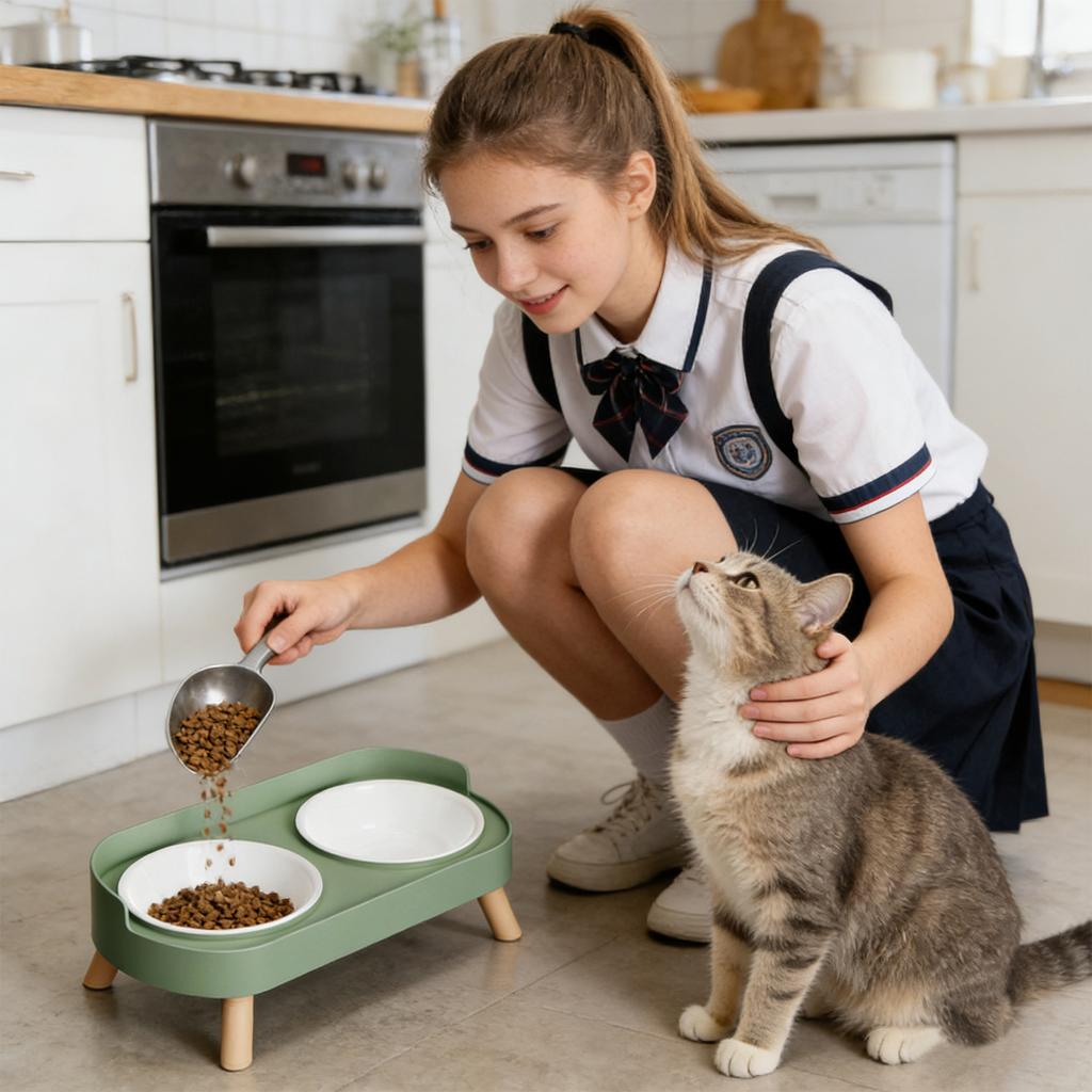 Elevated Pet Double Bowls For Cats & Dogs - -Spill, -Tip Plastic Food & Water Bowls With Neck Comfort Support