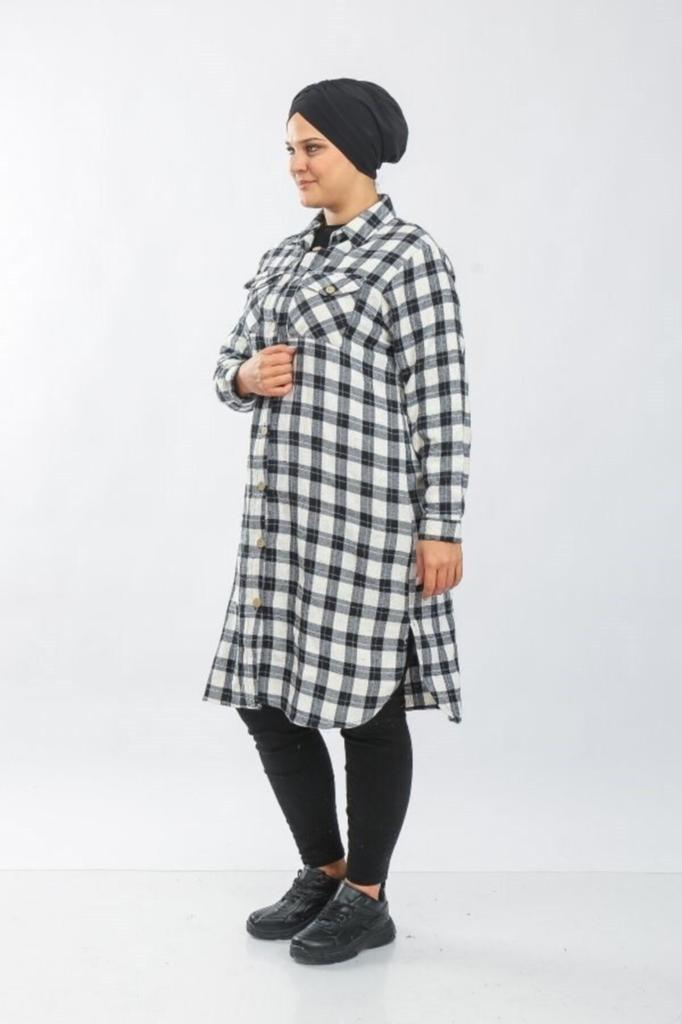 Damenstil Übergröße Hemd Große Größe Dickes Langes Holzfällerhemd - Schwarz und Weiß Verschachteltes Quadrat