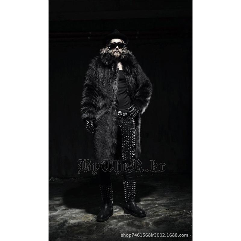 Men Two Tone Faux Fur Long Coat Open Front Fluffy Warm Winter Luxury Plush Overcoat With Pockets