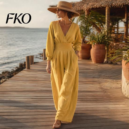 Everyday Wear Jumpsuit Women's Long Sleeve Jumpsuit, Deep V Neck Loose Wide Leg All Day Comfort Rompers, High Waist Summer Casual One Piece
