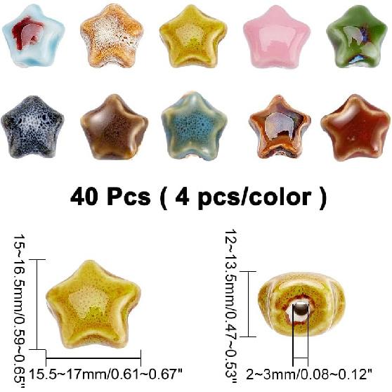 arricraft 40 Pcs Ceramic Handmade Beads, Fancy Antique Glazed Ceramic Star Spacer Beads Kit Pentagram Bead Charm Pendant for Necklace Bracelet