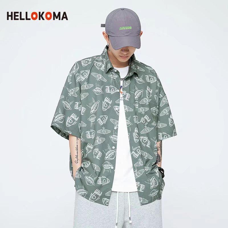 

Мужская рубашка с короткими рукавами и винтажным принтом. Летняя модная рубашка. Мужская и женская повседневная свободная рубашка больших размеров. Удобная тенденция.