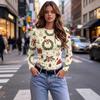 Women's Slim Fit Christmas Print Long Sleeve Neck T-Shirt for Holiday Casual Wear