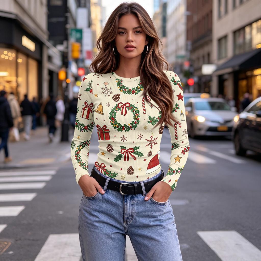 Women's Slim Fit Christmas Print Long Sleeve Neck T-Shirt for Holiday Casual Wear