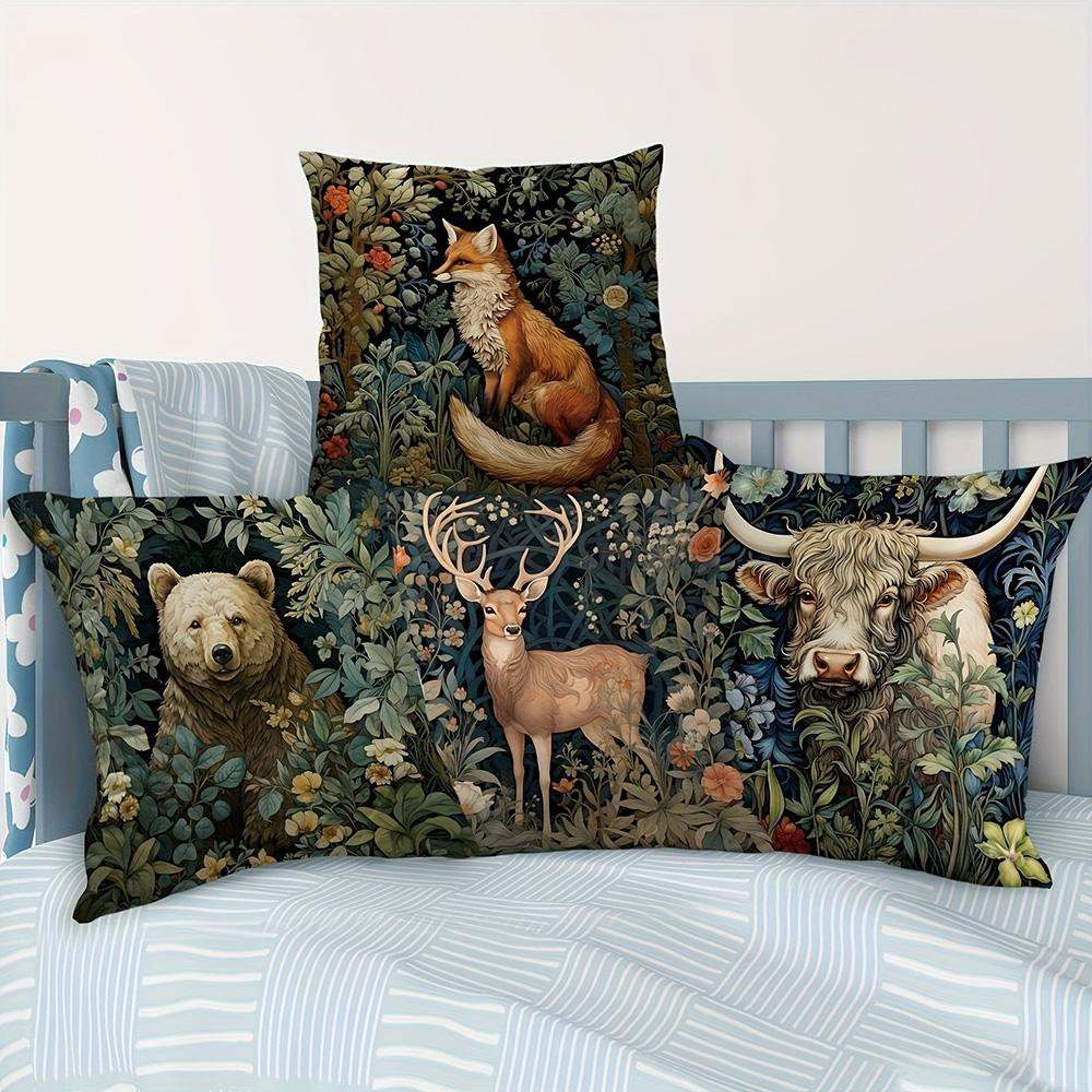 Short Plush Material Pillowcasewild Animal Themed Cushion Covers: Bear, Fox, Deer & Highland Cow Designs Sofa Cushion Cover Home