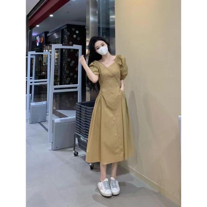French Style Vneck Puff Sleeve Maxi Dress For Women Summer Casual Slim Fit
