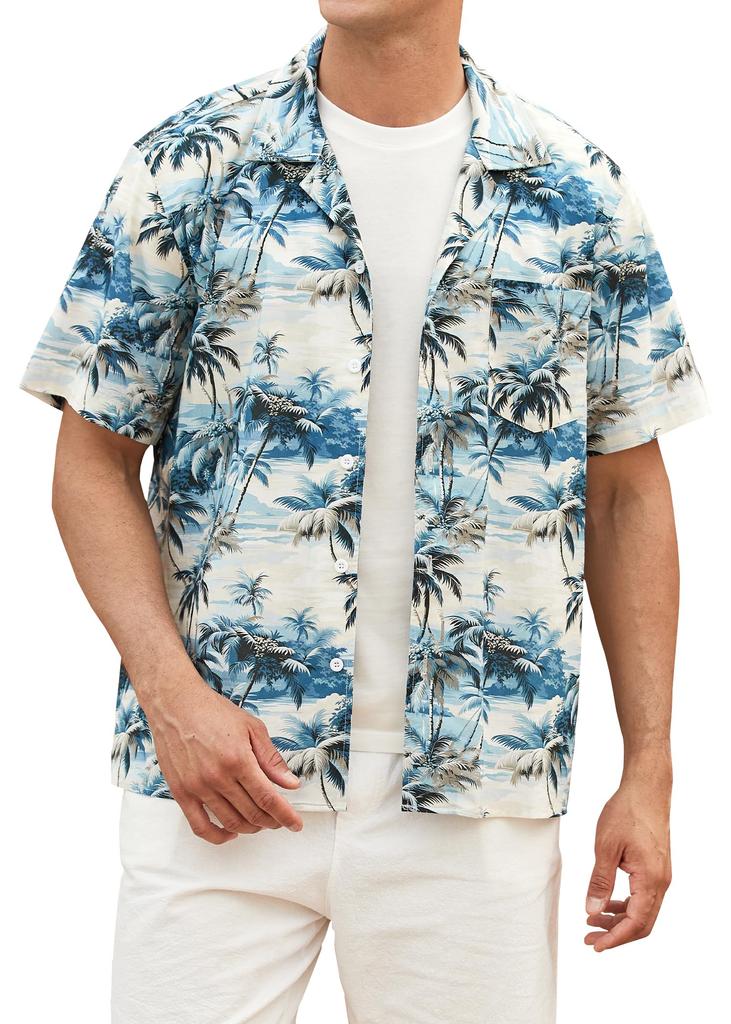 HISDERN Aloha Kurz Sommer Strandhemd für Floral und Japanisch Blau und Ozean und Palme Größe 380F Hemd, Ärmel, Atmungsaktiv, Schnelltrocknend,