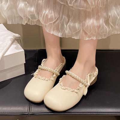 Chaussures en Cuir à Bout Rond Tendance avec Nœud Vintage à Talon Bas Été Nouveau Baotou Bouche Basse Perles Semelle Souple Mary Jane Pantoufles