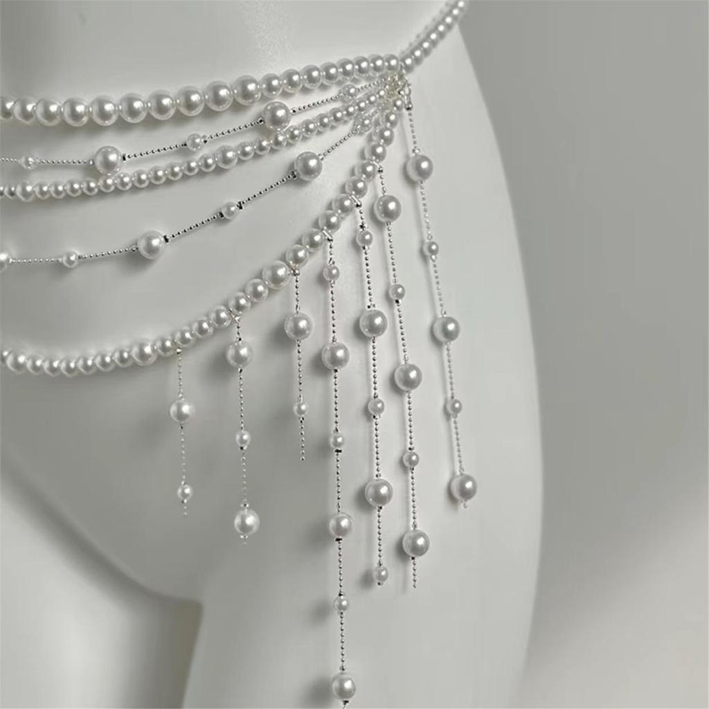 Adjustable Multilayer Faux Pearls Waist Belt Belly Chain for Women Retro Fashion Body Jewelry Stylish 90s Design
