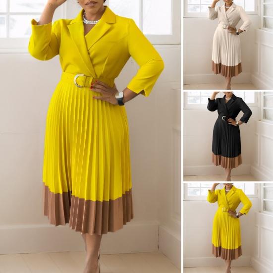Women's Long Sleeve Blazer Dress V Neck Notched Lapel Pleated Swing Midi Dress Business Office Work Dress with Belt