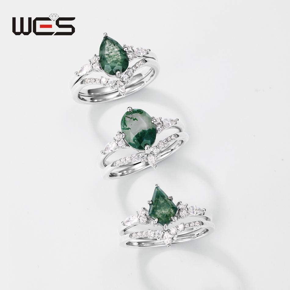 WES   CopperKite Cut Natural Moss Agate Gold Ring Sets For Woman Wedding Bridal Set Valentine Gift Jewelry