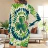 Women Plus Size Round Neck Long Sleeve Clover Printed Dark Green Bodycon Mini Dress