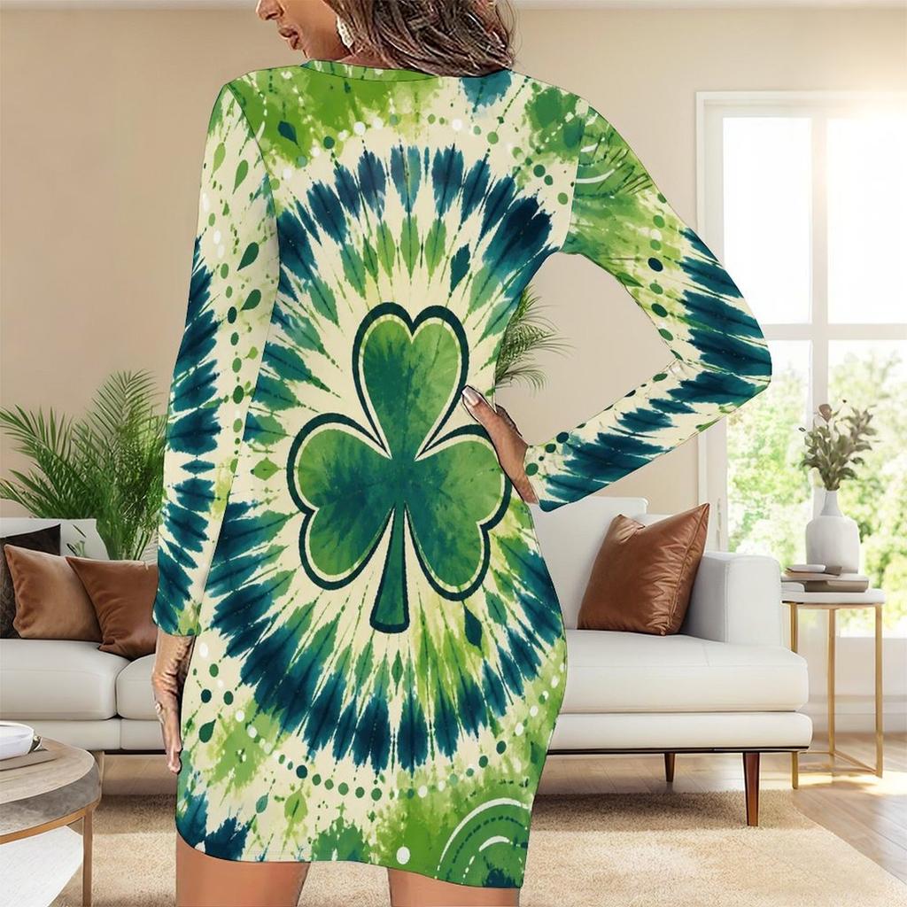 Women Plus Size Round Neck Long Sleeve Clover Printed Dark Green Bodycon Mini Dress