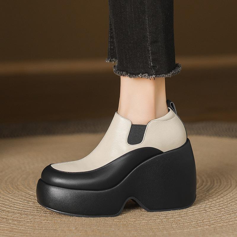10CM ultra-high heel waterproof table color matching leather single shoes women's 2025 new round head thick sole wedge heel versatile loafers