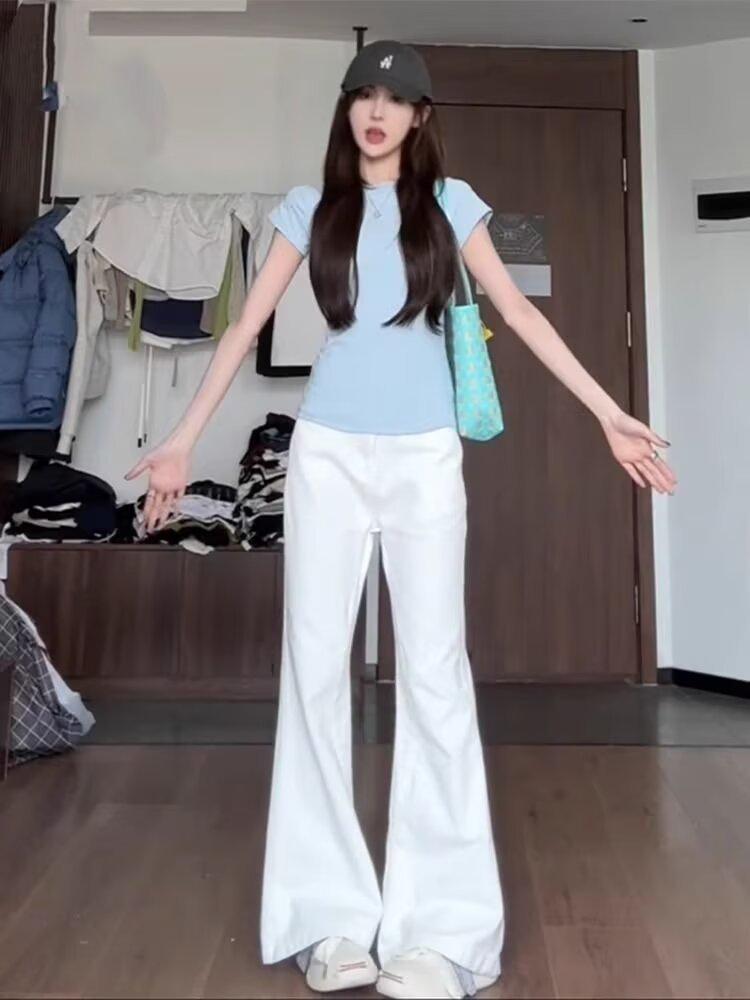 

2024 Женские белые джинсы микро-клеш с высокой посадкой на флисовой подкладке - Приталенные широкие брюки для осени/зимы 2XL белый