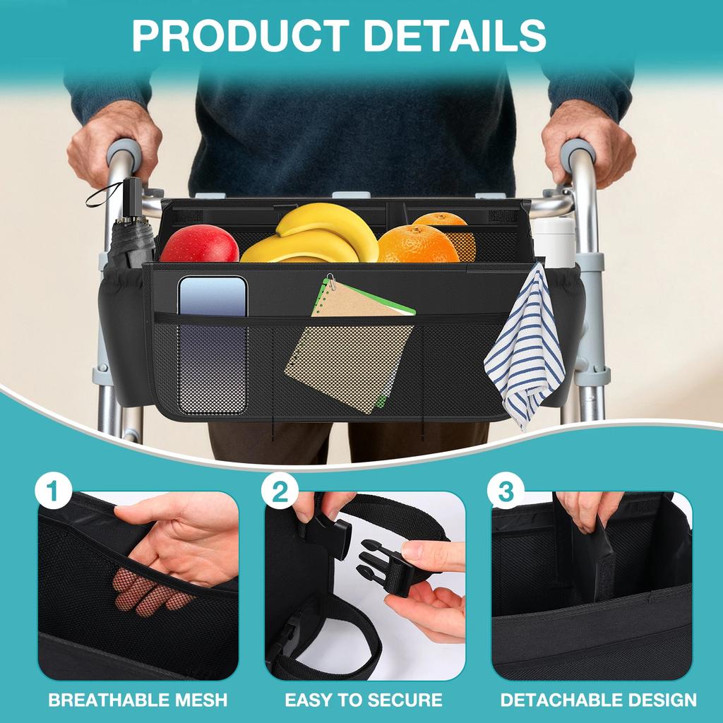 Walker Basket Bag with Water Bottle Pocket Holder Hanging Foldable Walker Storage Tote Bag for Seniors and Handicapped