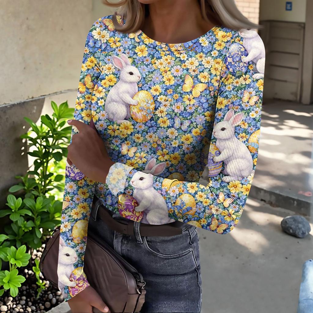 Women's And Winter Slim T-shirt Fashion Casual Printing Round Neck Pullover Long Sleeve Top