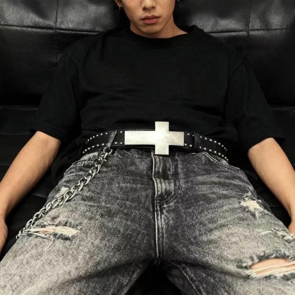 Y2K Rivet Studded Belt Gothic Streetwear Waist Belt Trendy Punk Cross Belt For Men Women Jeans
