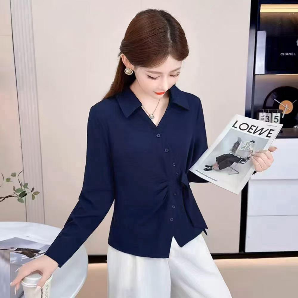 Autumn 2025 Fashion Bow Long-Sleeved Waist-Cinched Irregular Blouse