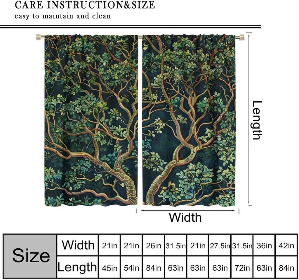 Rustic Farmhouse Forest Blackout Curtains   Vintage Watercolor Green Forest Tree Nature Landscape Window Drapes   for Living Room