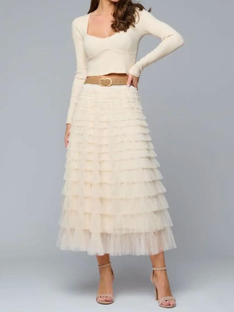 Elastic Waist Mesh Long Skirts for Women Elegant Vintage High Waist Ball Gown Gauze Cake Skirt Female Clothes