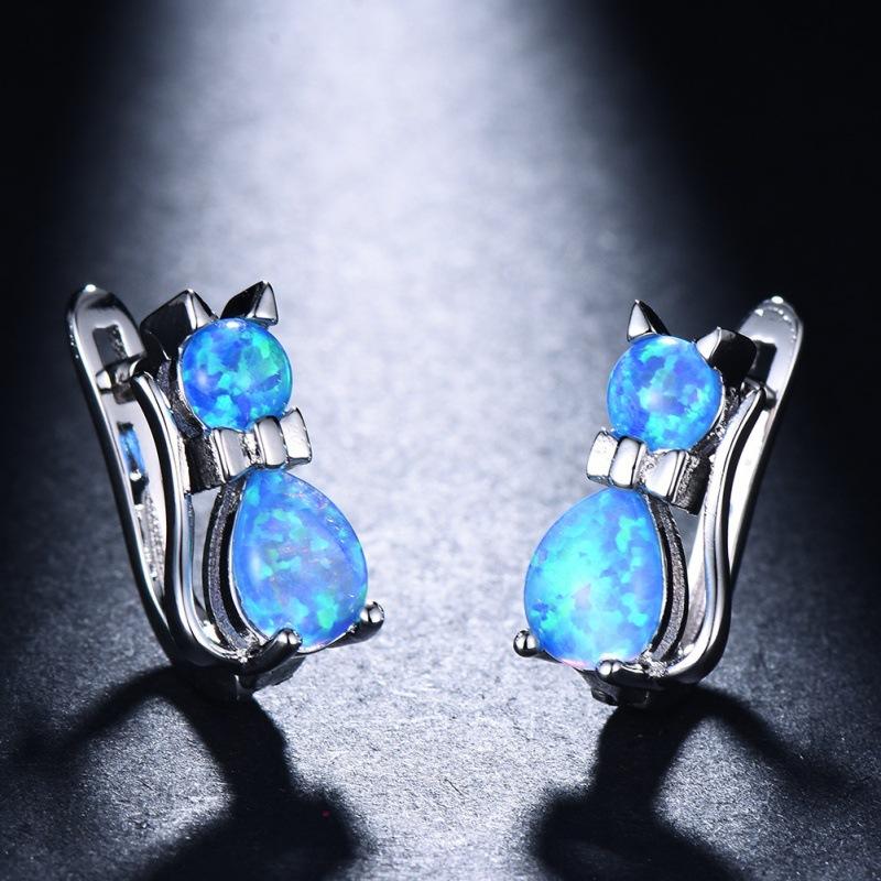 Japanese Mini Creative Earrings Blue Opal Cat Ear Buckles Small Cartoon