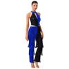 S-XXL Damen Latin Tanz Jumpsuit 70er Disco Stil Pailletten Quasten Brust Kontrastfarbe Einteiler