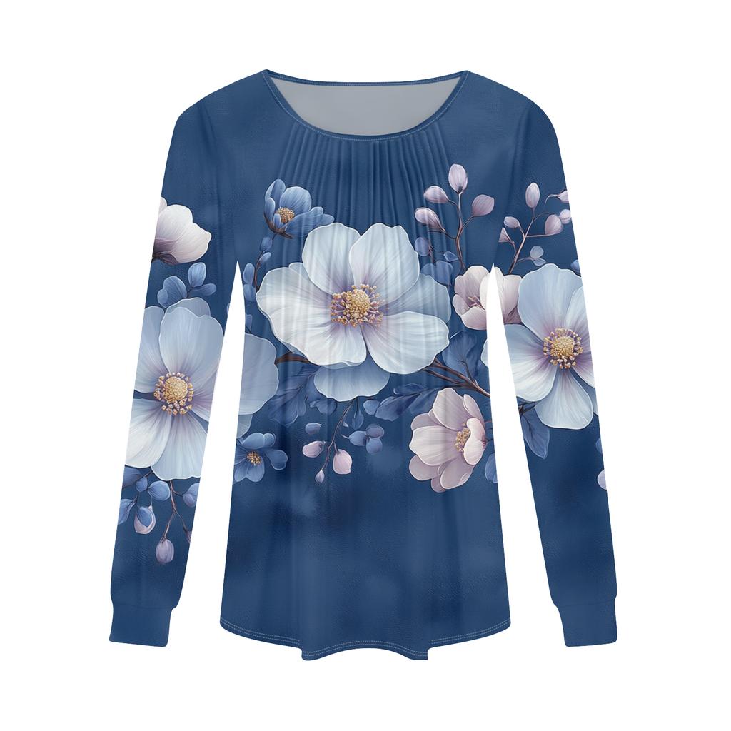 Women's Fashion Casual Pleated Round Neck Vintage Floral Print Long Sleeve T,Shirt Top