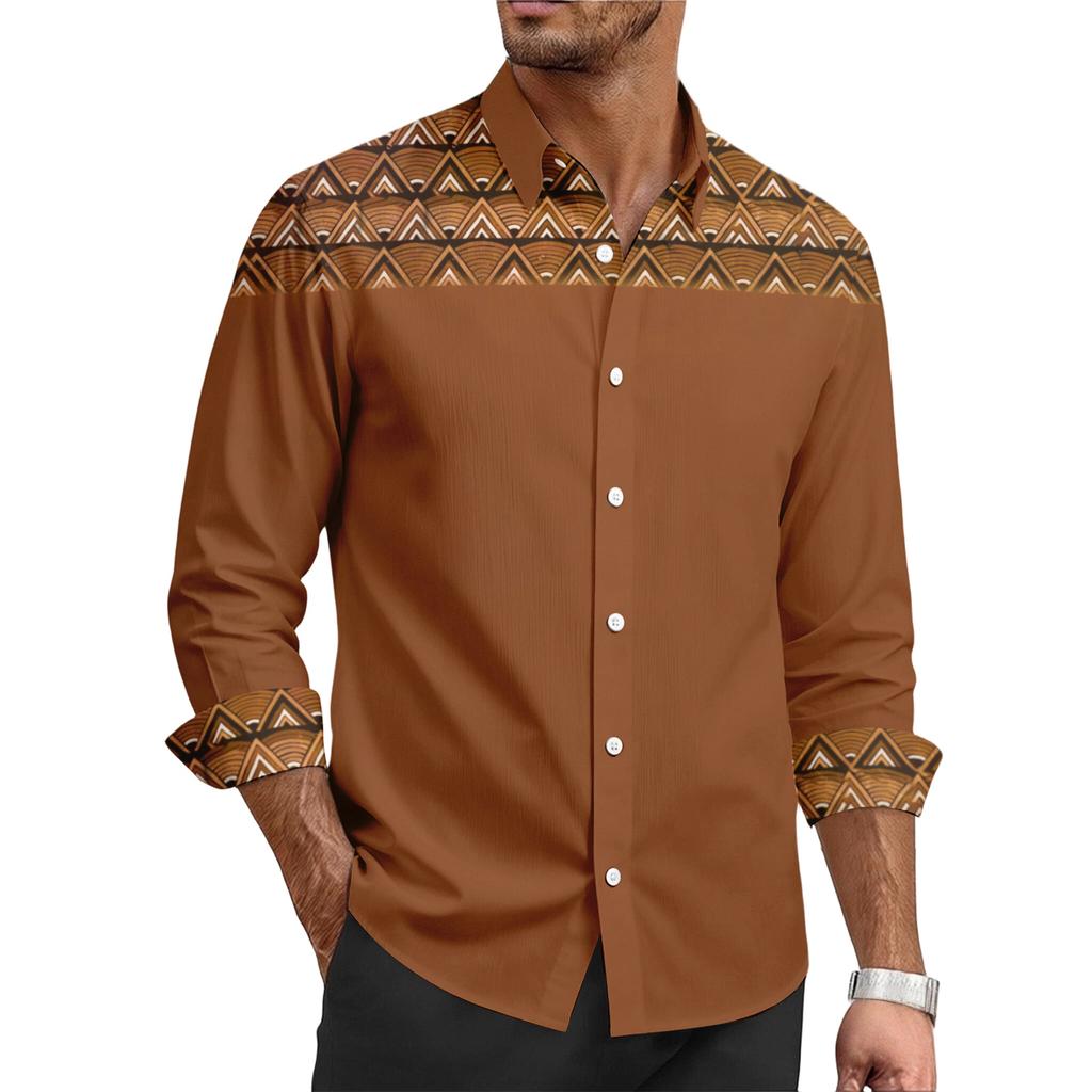 Herren Freizeit Hemd mit stilvollem Retro-Textur-Druck - Herren Langarm Oberteil mit Kragen und Knöpfen