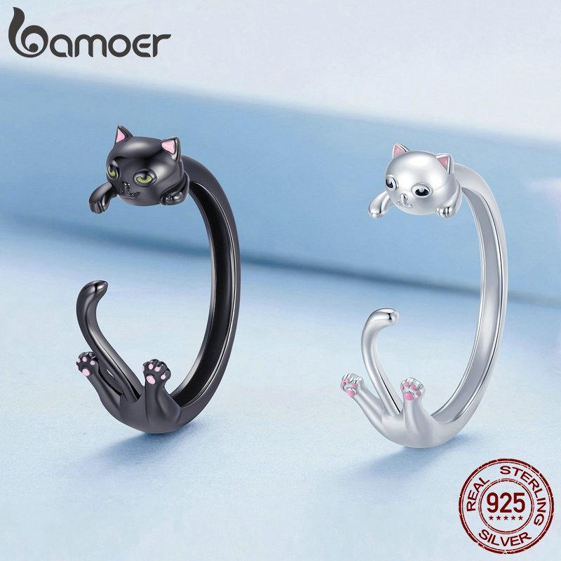 BAMOER 925 Sterling Silber Sticky Cute Black Cat Verstellbarer Ring für Frauen Edlen Schmuck