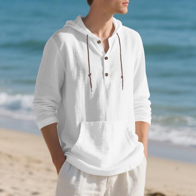 Men's Loose Hooded Henley Long Sleeve Casual Shirt.