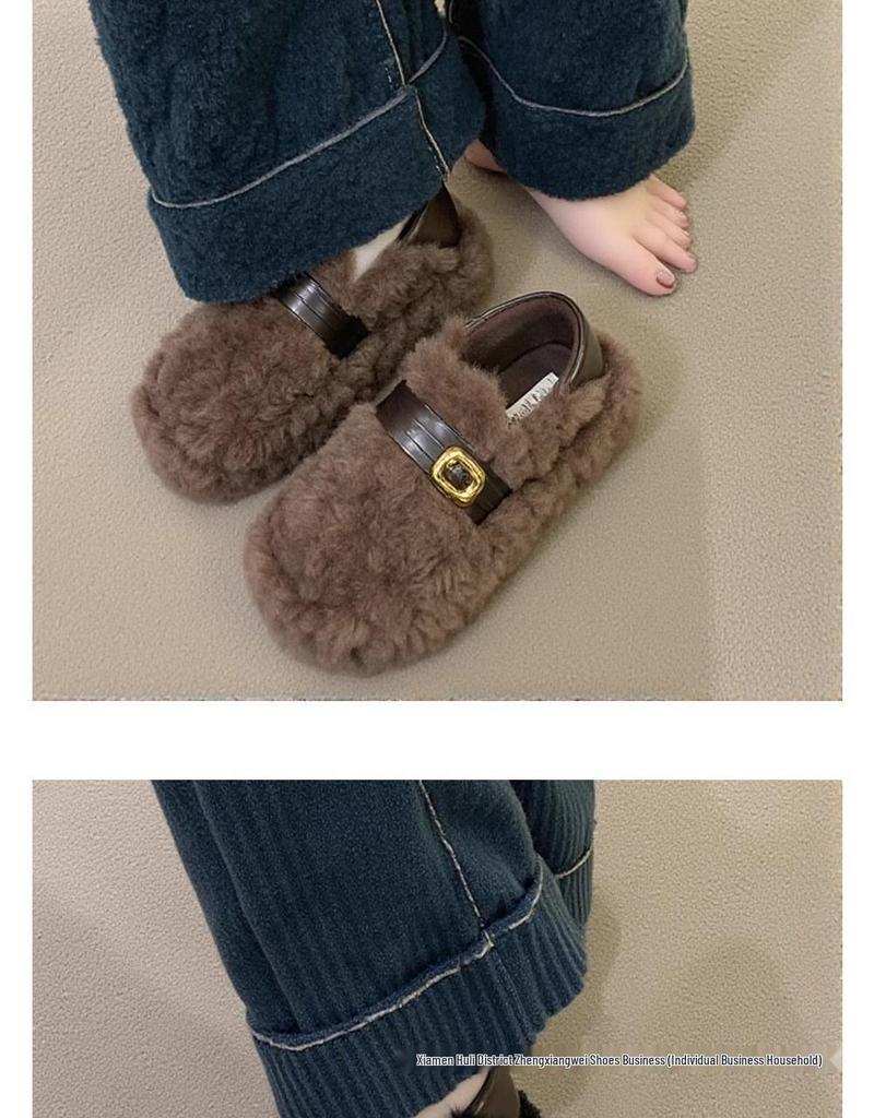 Lambswool Women's Fuzzy Winter Shoes 2025 - Fleece-lined, Thick Sole, Buckle, Warm Maternity Cotton Bean Shoes