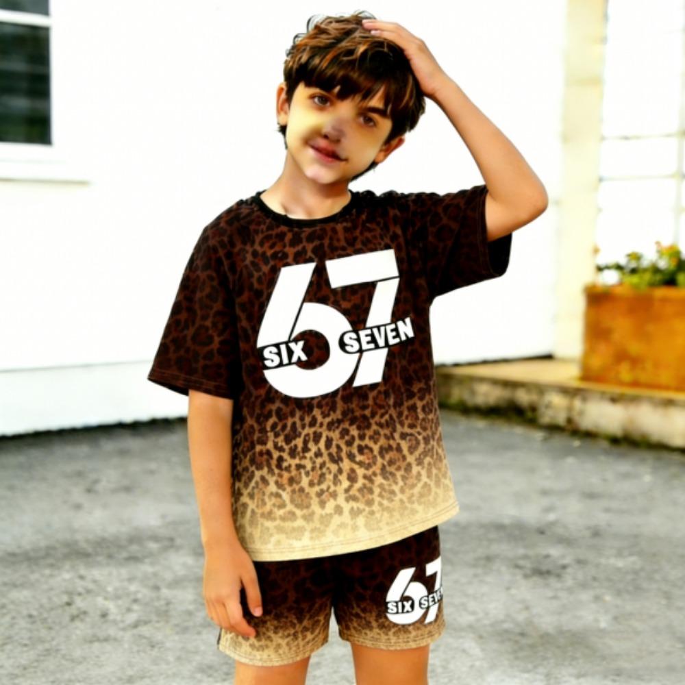 Fashion Leopard 67 Gradient Printed Men's T-shirt and Shorts 2 Piece Set Summer Casual Outfit for Men's and Women's Clothing Top