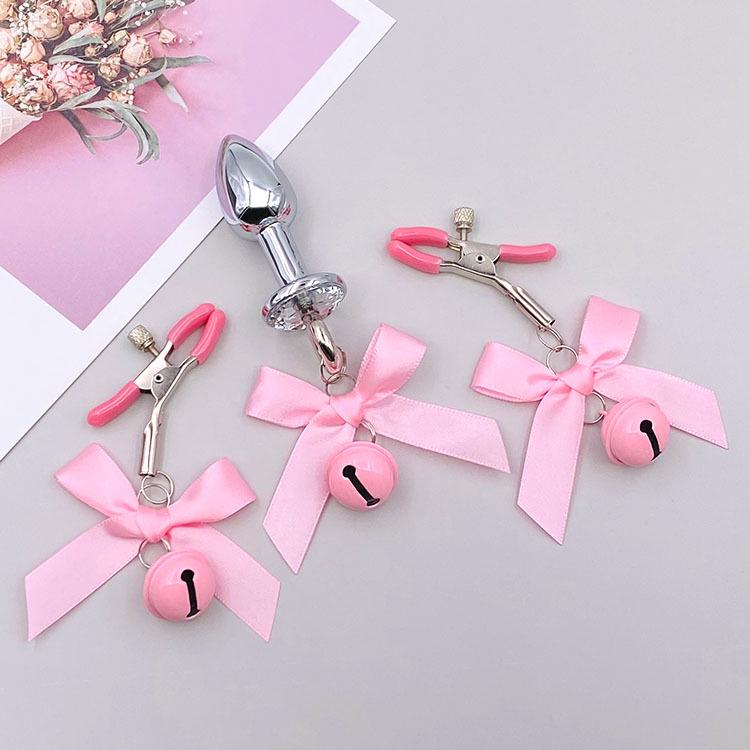 Bowknot Anal Plug & Nipple Clamps with Bells - Cute Flirting Set for Couples