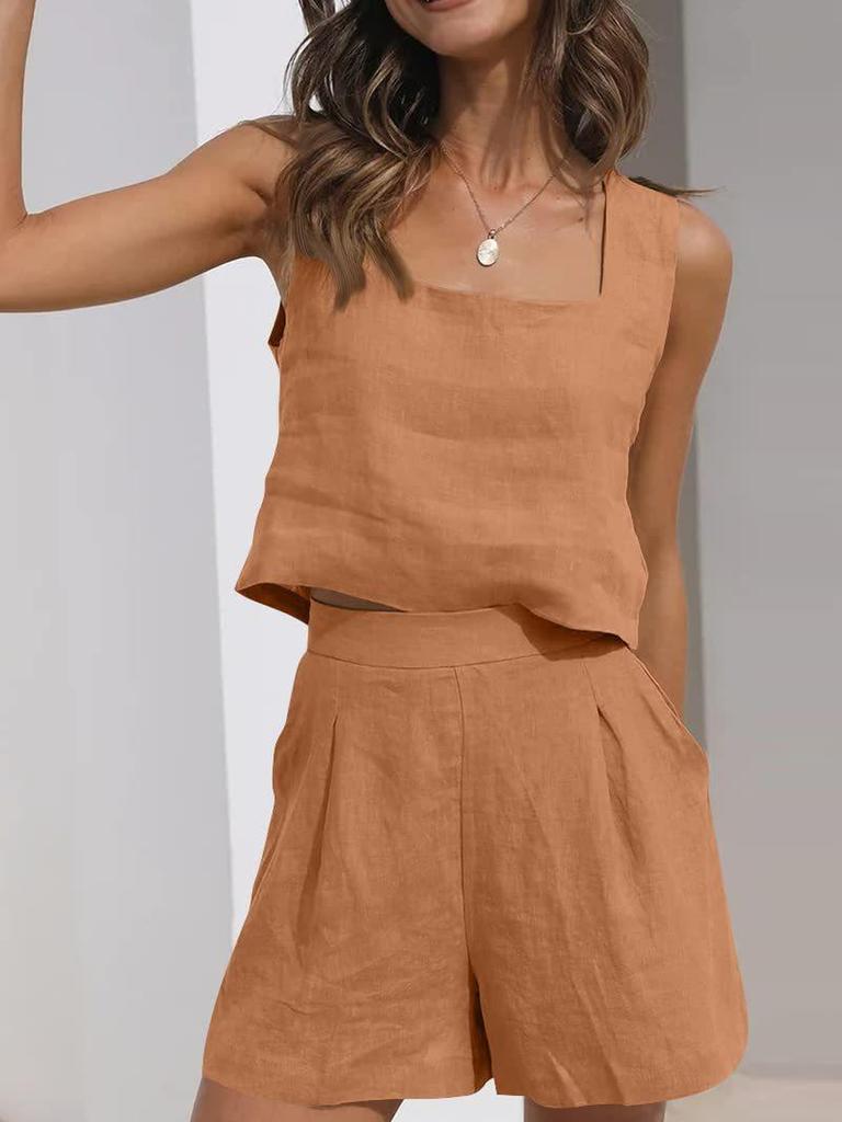 New Women's Outwear Set Linen Shorts Sleeveless Top Vest