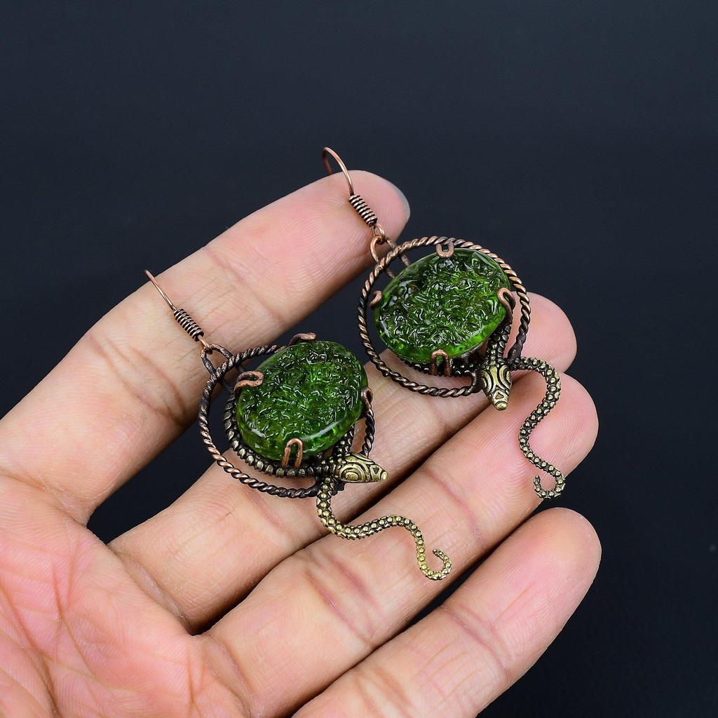 Moldavite 999 Copper Wire Wrapped Earrings, Handmade Gemstone Jewelry Earrings For Memorial Day