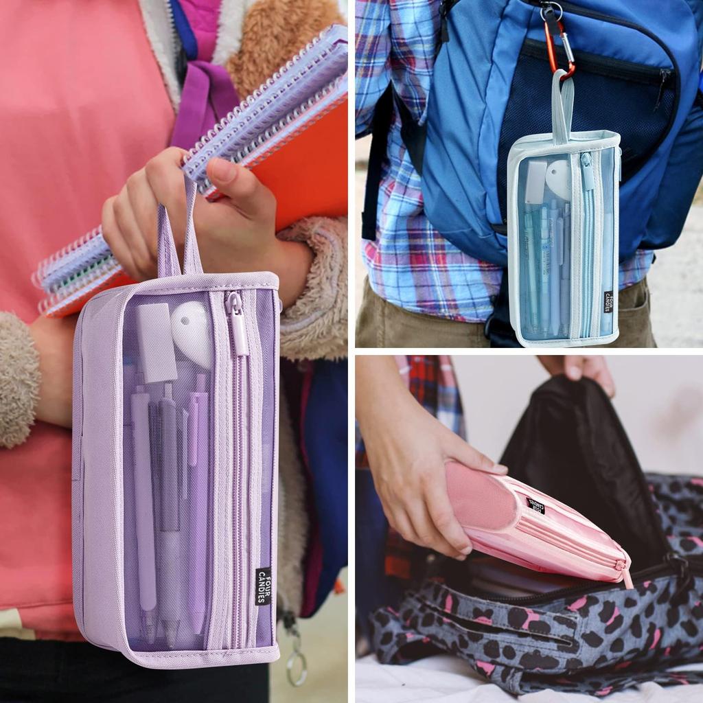 Four Candies Pencil Transparent Mesh Large Capacity with Handle and Clear Pencil Marker Travel Makeup Cute Transparent Stationery for and Students