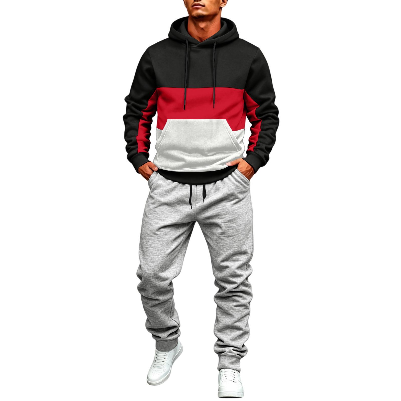 Men s Color Block Hoodie and Jogger Pants Set - Casual Winter Tracksuit XXXL