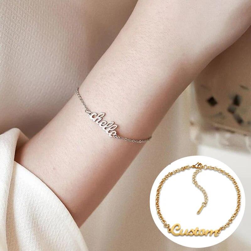 

Персонализированный браслет с именем, браслет из нержавеющей стали с покрытием из 18-каратного золота, браслеты с именной табличкой по индивидуальному заказу для пары, очаровательные ювелирные изделия Female