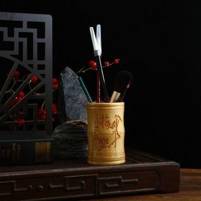 1pcs Natural Bamboo and Wood Pen Holder, Multifunctional Retro Circular Pen Holder, Chinese Style Office Decoration Storage Box