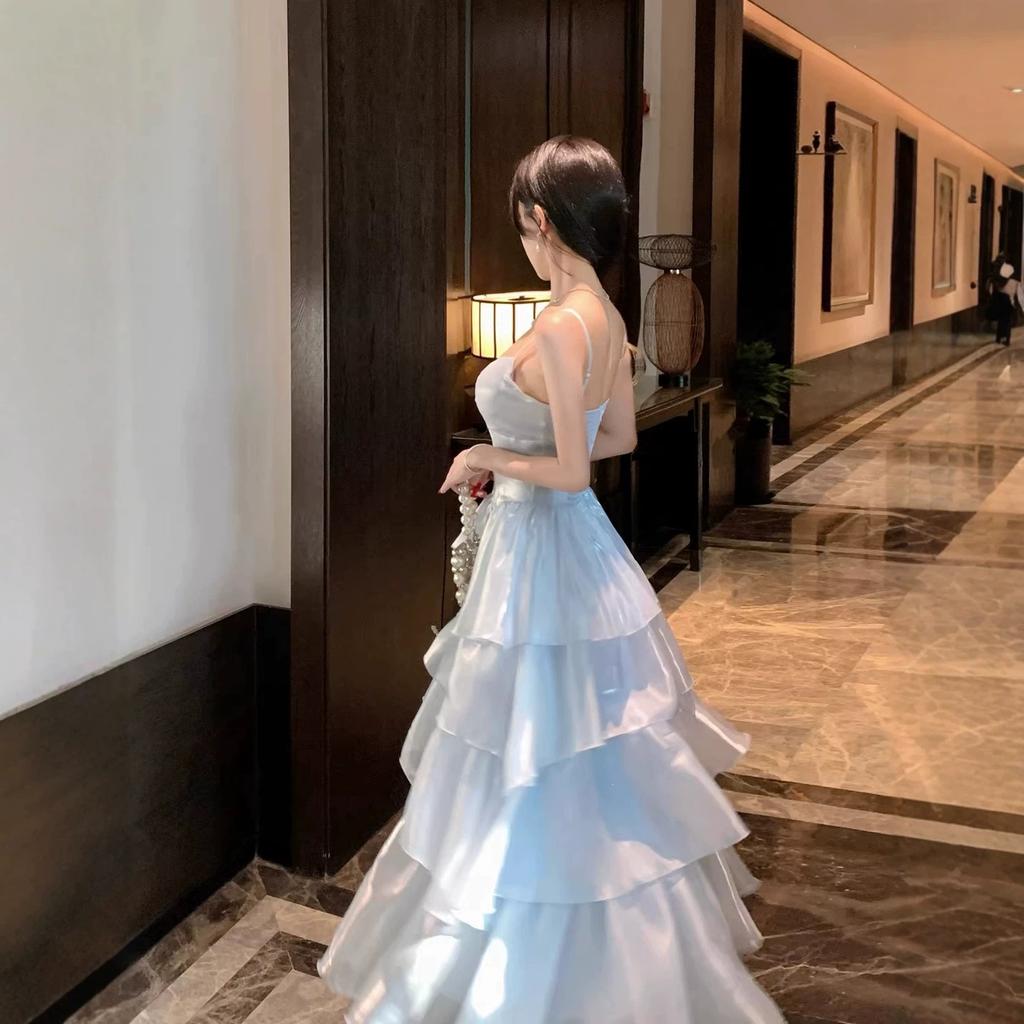Beautiful blue suspender evening dress female banquet fairy temperament light luxury student day bar mitzvah party art test princess dress