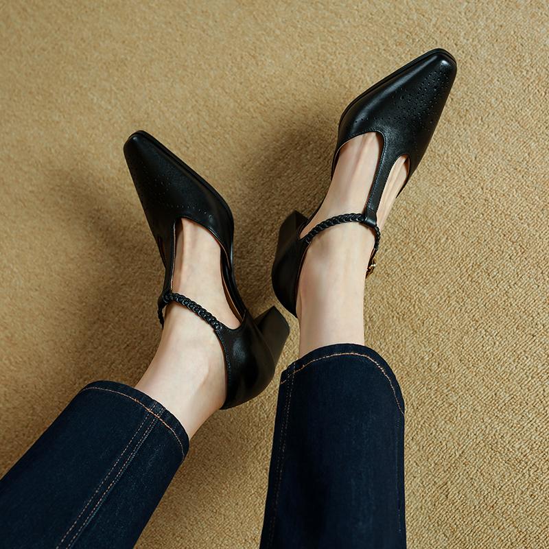 Fashion 2025 Summer Women Sandals Genuine Leather Sexy Pointed Toe T Strap Party Shoes High Heel Summer Pumps Hollow Shoes Woman 34-40